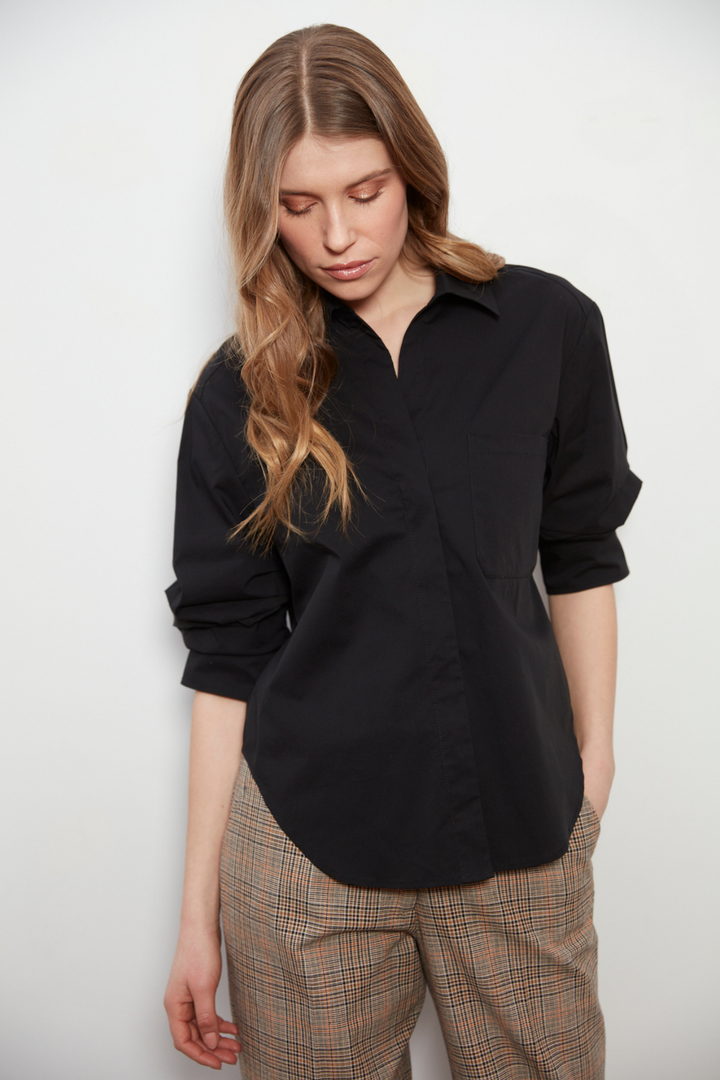 Adroit Atelier Daria Button-Front Shirt With Ruched Sleeves in Black available at Barbara Katz