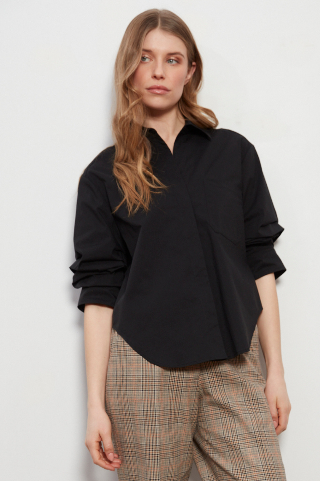 Adroit Atelier Daria Button-Front Shirt With Ruched Sleeves in Black available at Barbara Katz