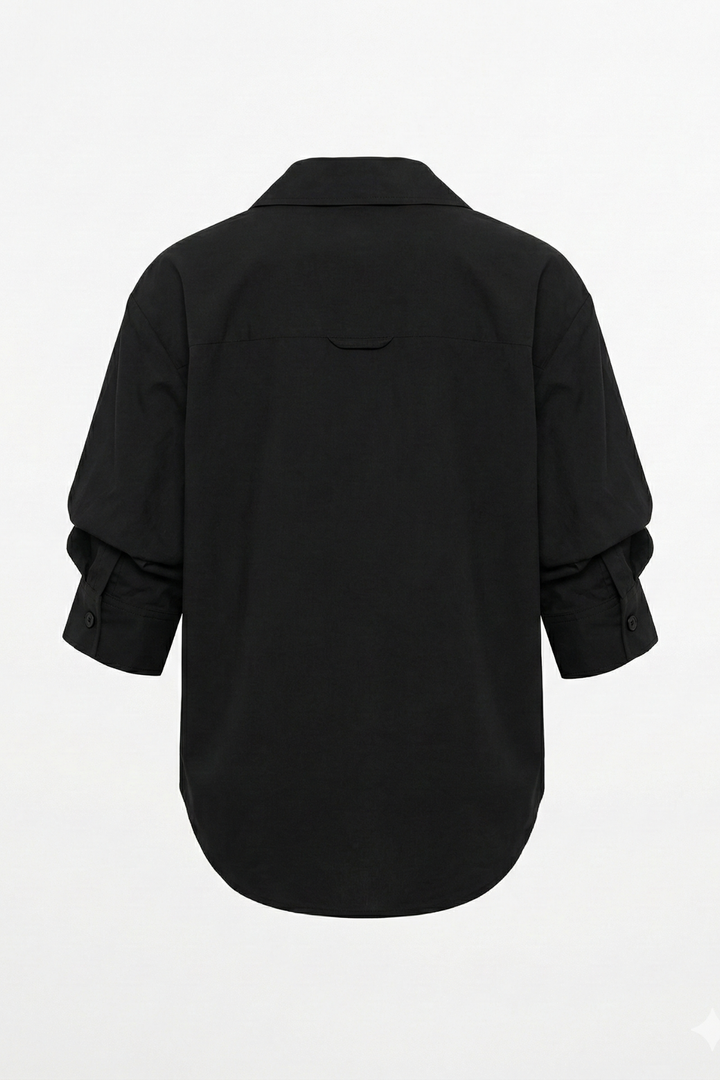 Adroit Atelier Daria Button-Front Shirt With Ruched Sleeves in Black available at Barbara Katz