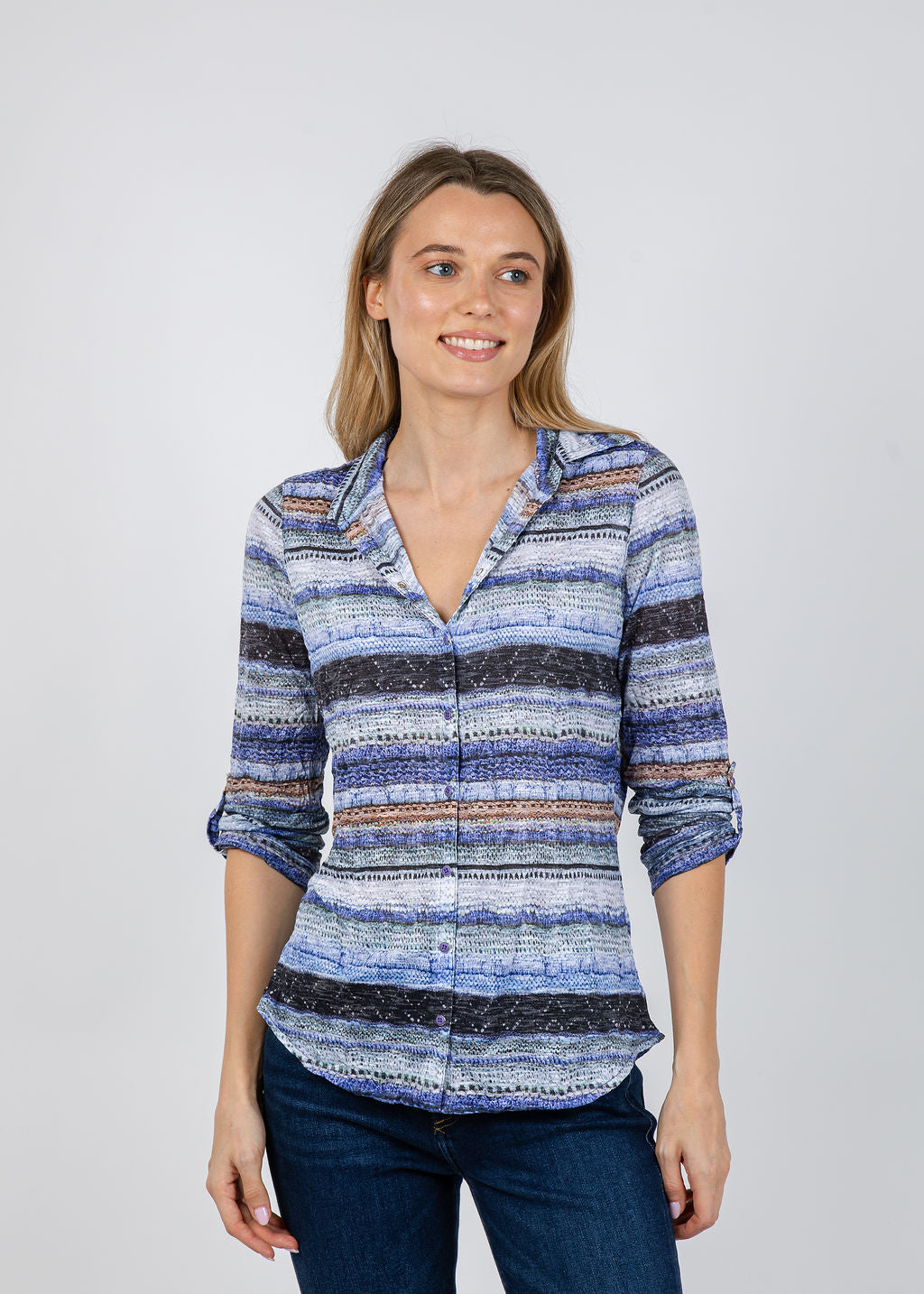 David Cline Roll Sleeve Shirt in Peri available at Barbara Katz