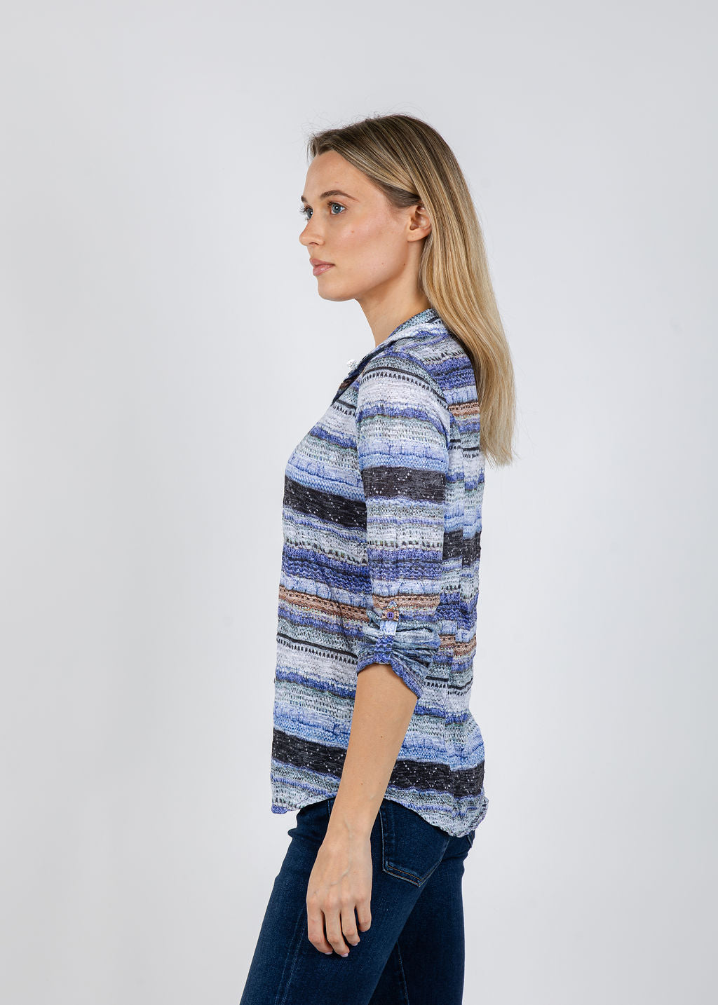 David Cline Roll Sleeve Shirt in Peri available at Barbara Katz