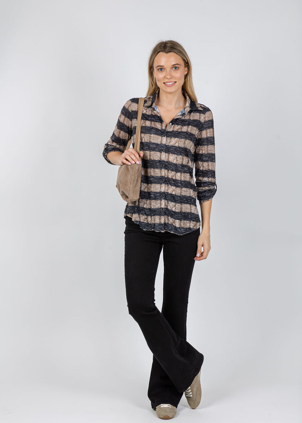 David Cline Roll Sleeve Faux Knit Shirt in Sable available at Barbara Katz
