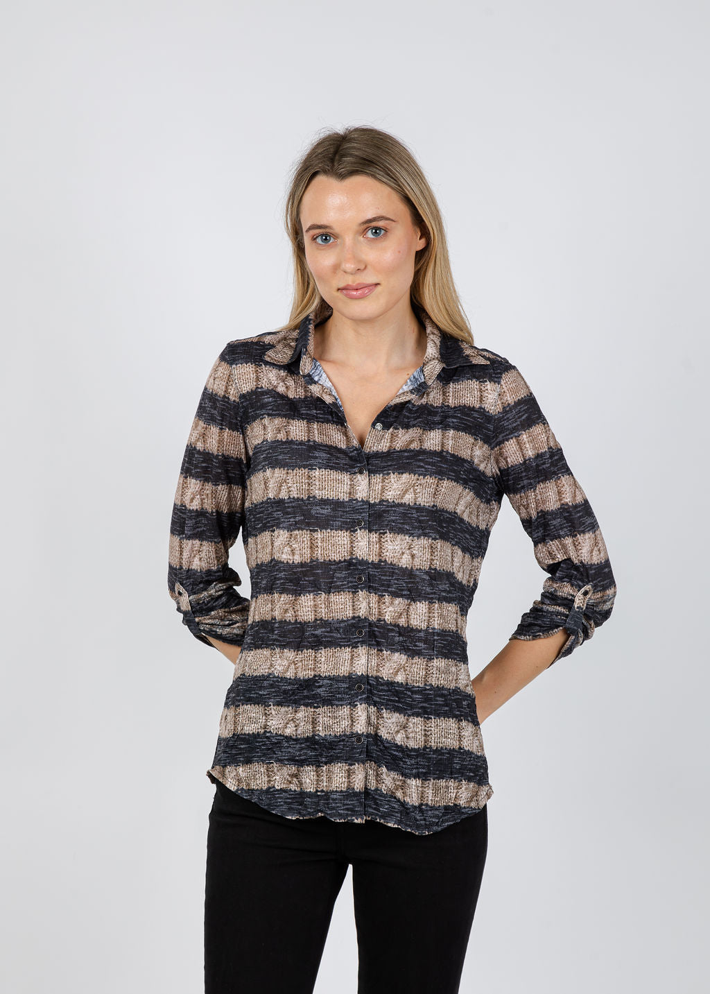 David Cline Roll Sleeve Faux Knit Shirt in Sable available at Barbara Katz