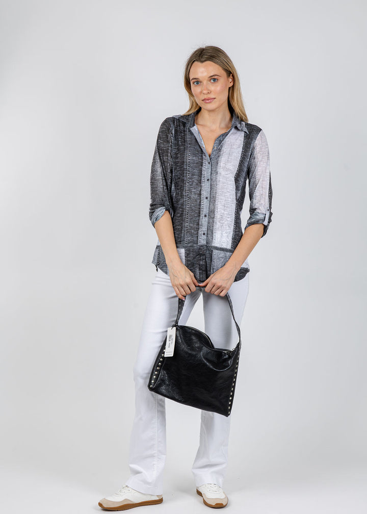 David Cline Roll Sleeve Denim Effect Shirt in Silver available at Barbara Katz