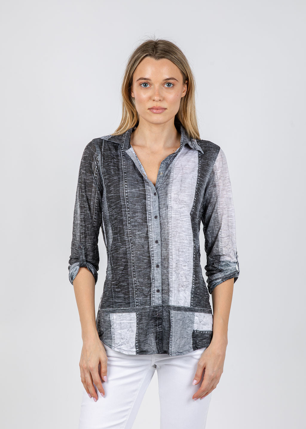 David Cline Roll Sleeve Denim Effect Shirt in Silver available at Barbara Katz
