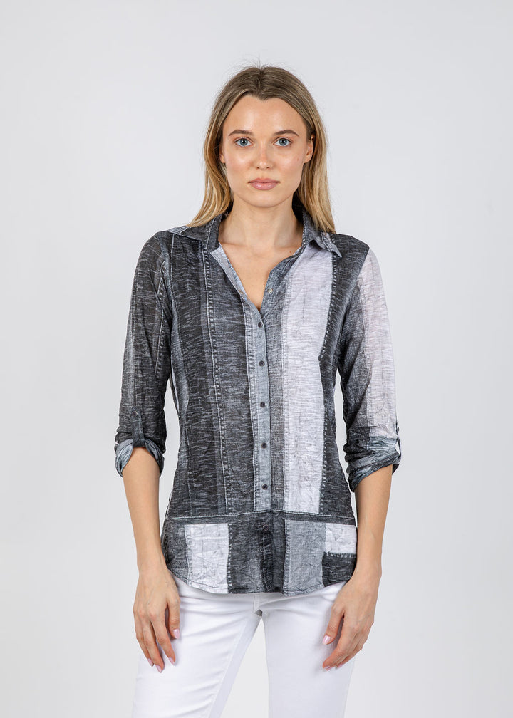 David Cline Roll Sleeve Denim Effect Shirt in Silver available at Barbara Katz