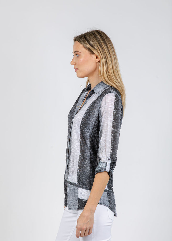 David Cline Roll Sleeve Denim Effect Shirt in Silver available at Barbara Katz