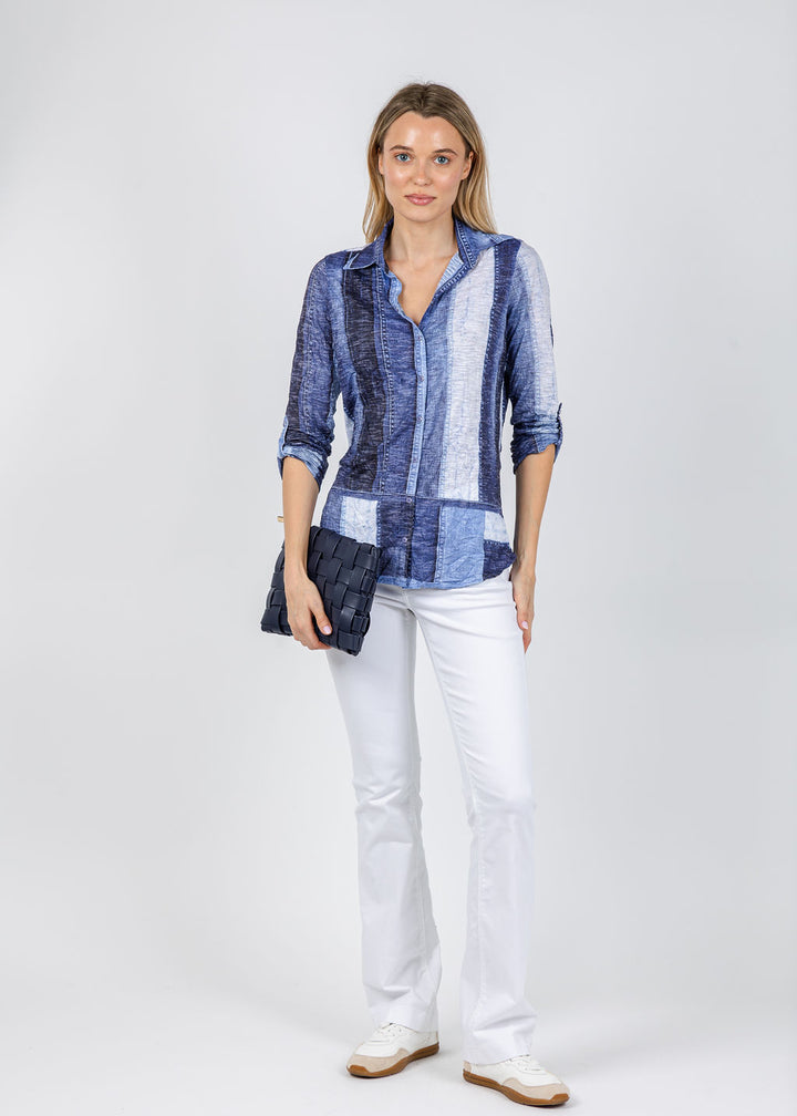 David Cline Roll Sleeve Denim Effect Shirt in Denim available at Barbara Katz