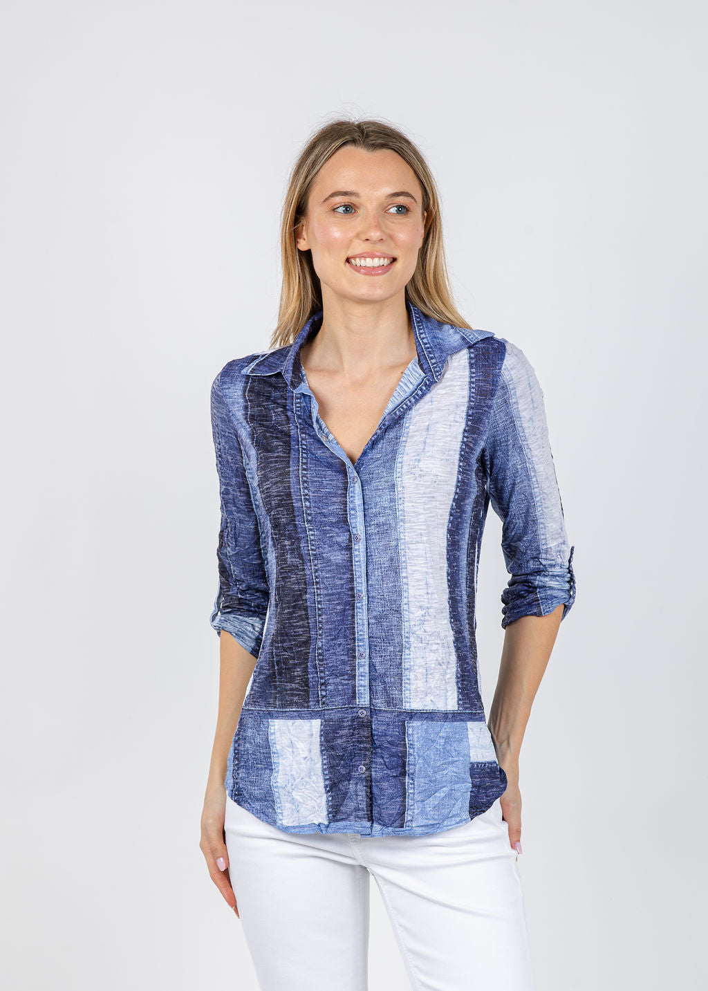 David Cline Roll Sleeve Denim Effect Shirt in Denim available at Barbara Katz