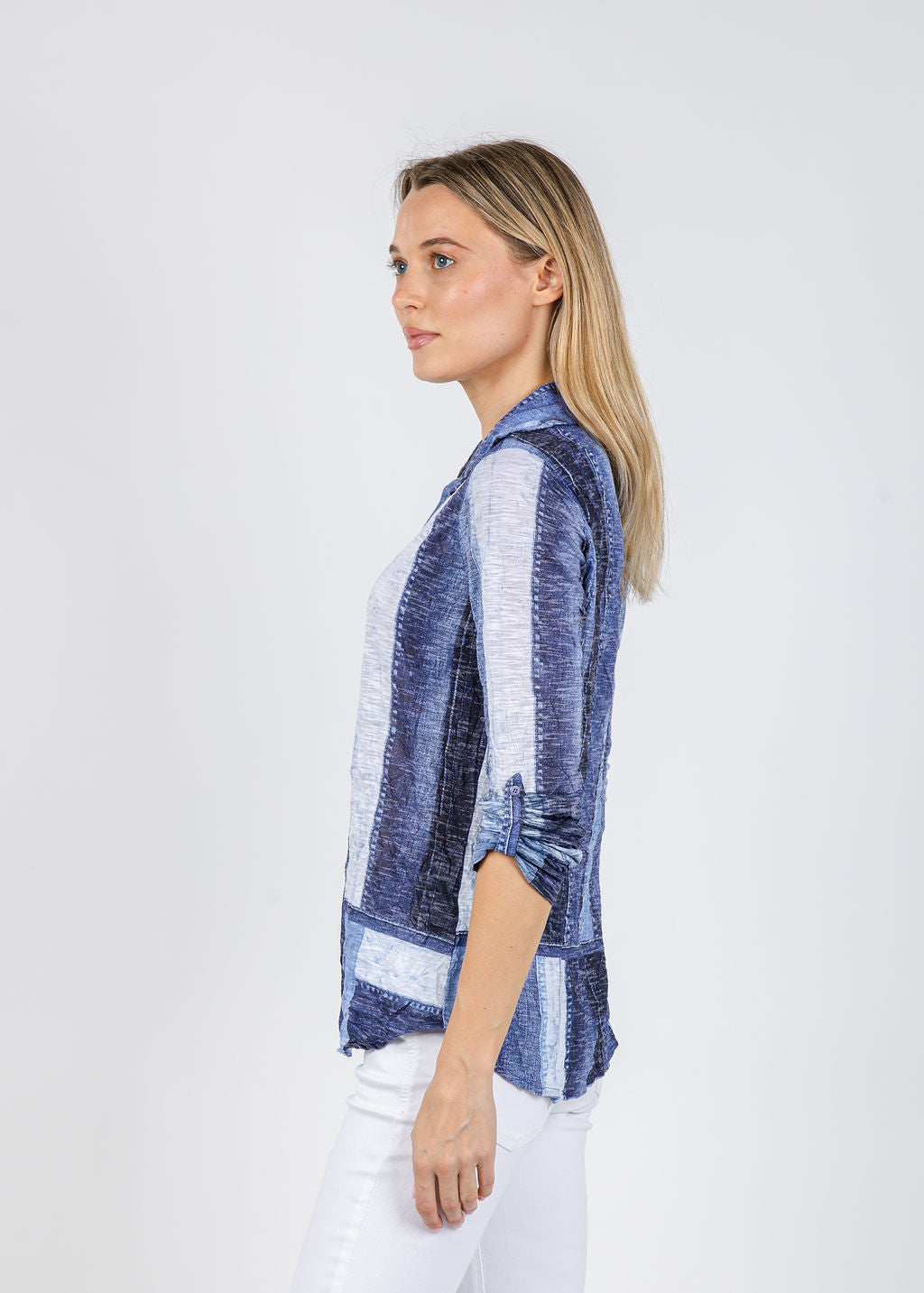 David Cline Roll Sleeve Denim Effect Shirt in Denim available at Barbara Katz
