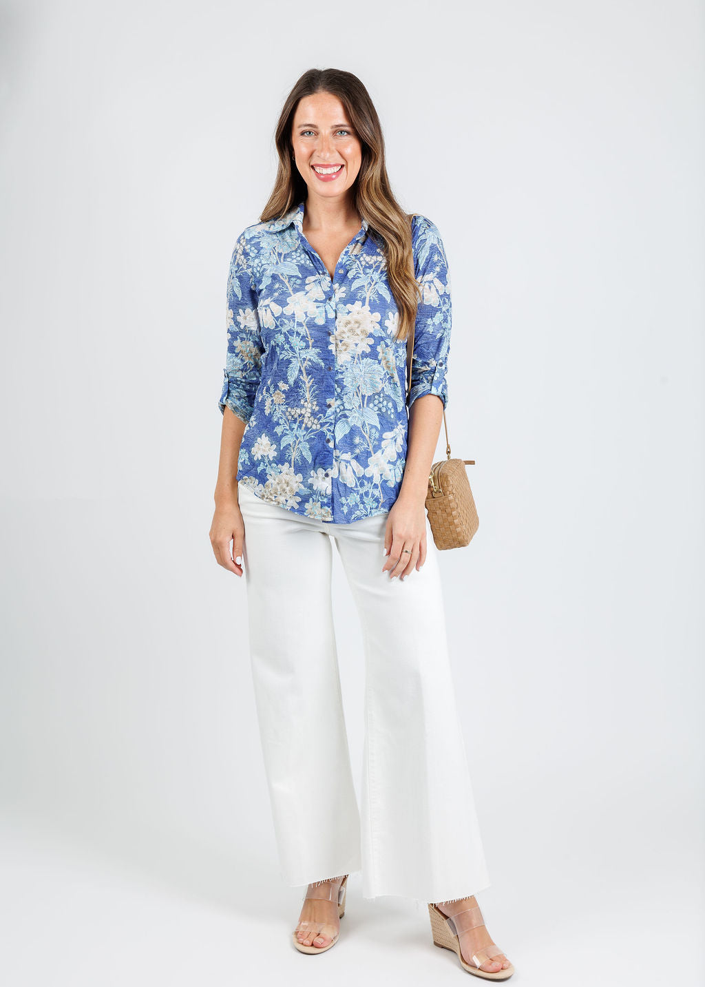David Cline Enid Roll-Up Shirt in Azure paired with Frame Le Palazzo Crop Jeans in Au Natural Clean Raw After available at Barbara Katz