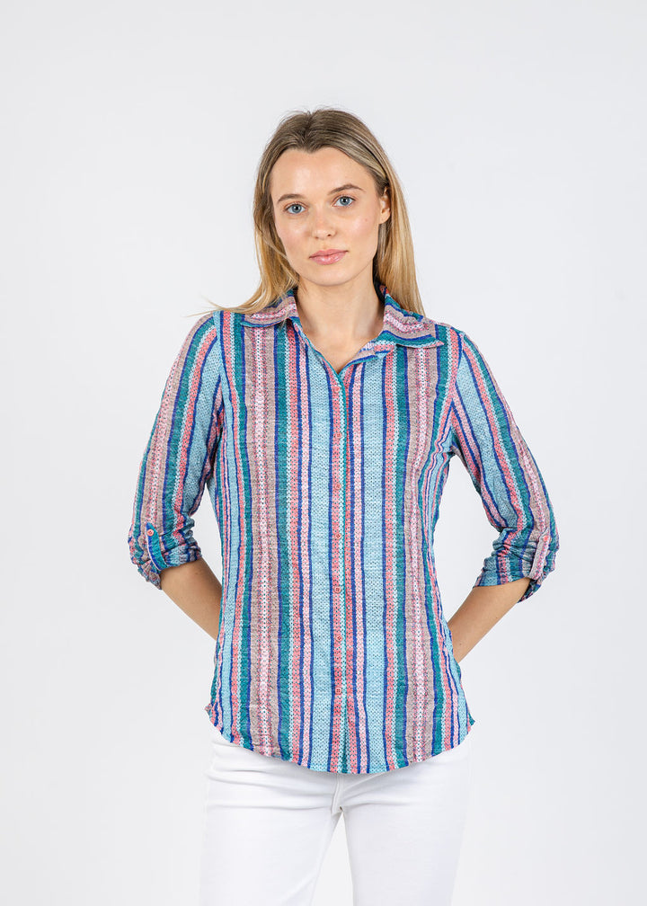 David Cline Erin Stripes Roll-Up Shirt in Tide available at Barbara Katz