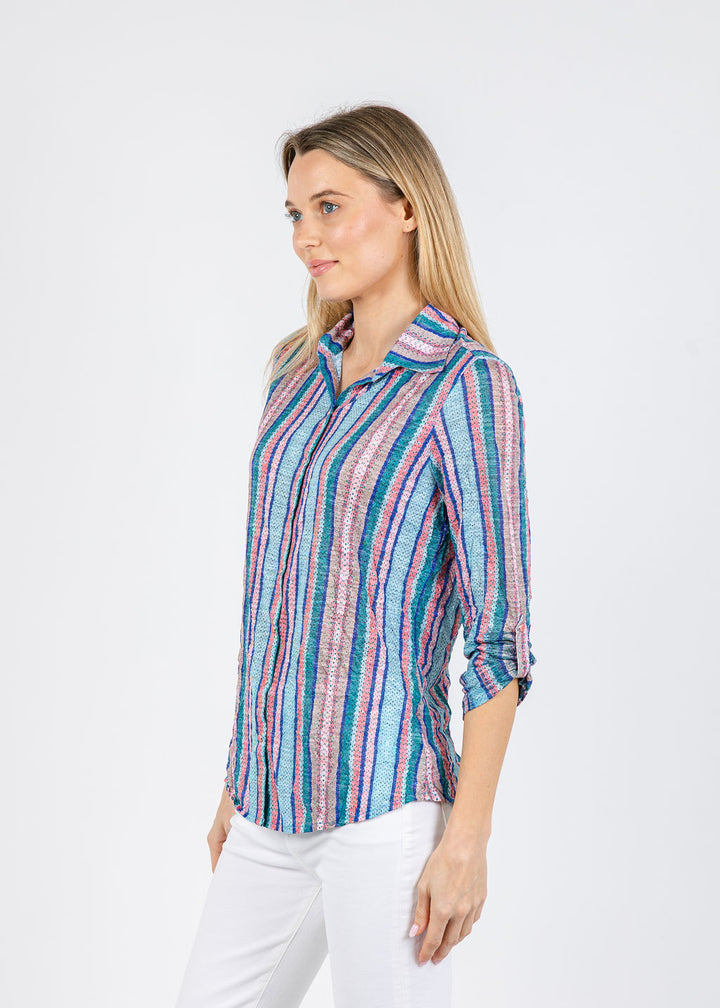 David Cline Erin Stripes Roll-Up Shirt in Tide available at Barbara Katz