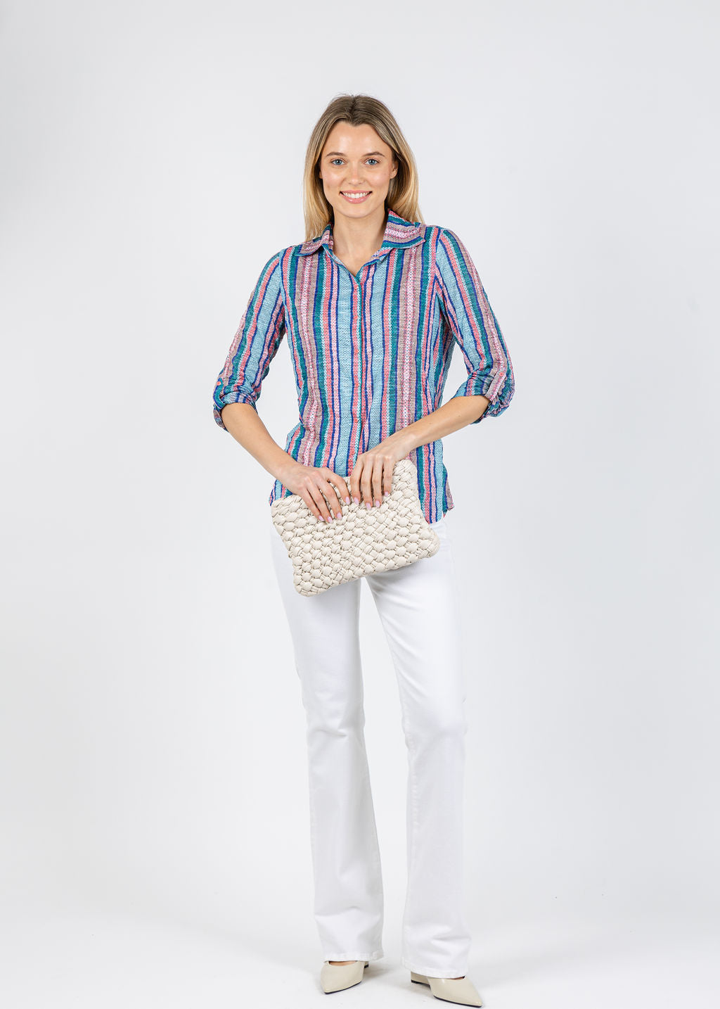 David Cline Erin Stripes Roll-Up Shirt in Tide available at Barbara Katz