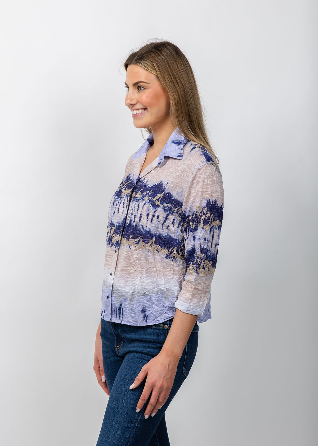 David Cline Evie Cropped Button Shirt in Iris available at Barbara Katz