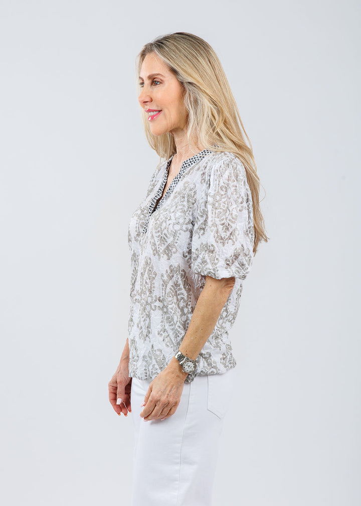 David Cline Henley Puff Sleeve Top in Desert available at Barbara Katz