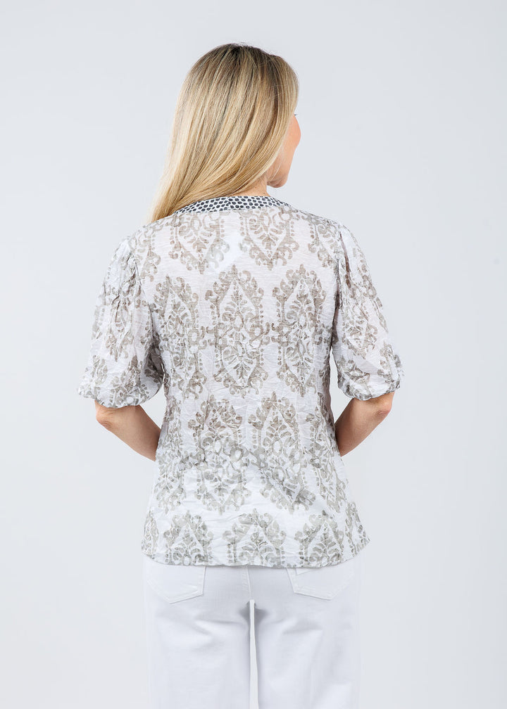 David Cline Henley Puff Sleeve Top in Desert available at Barbara Katz