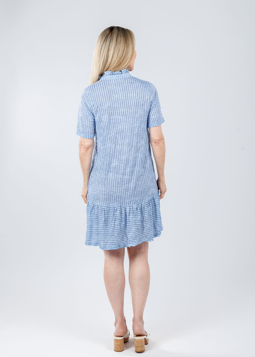 David Cline Jessie Ruffle Neck Dress in Breeze available at Barbara Katz