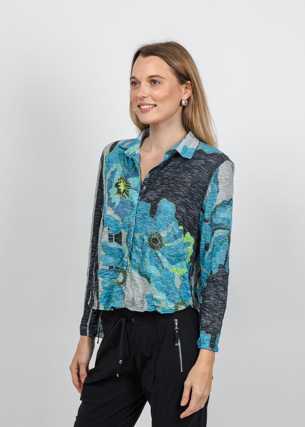 David Cline Lyra Crop Shirt in Teal available at Barbara Katz