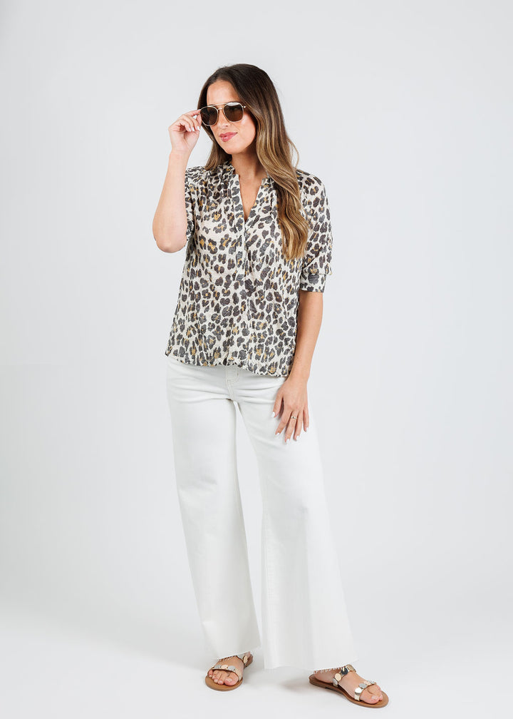 David Cline Sandy Button Down Shirt in Skin paired with Frame Le Palazzo Crop Jeans in Au Natural Clean Raw After available at Barbara Katz