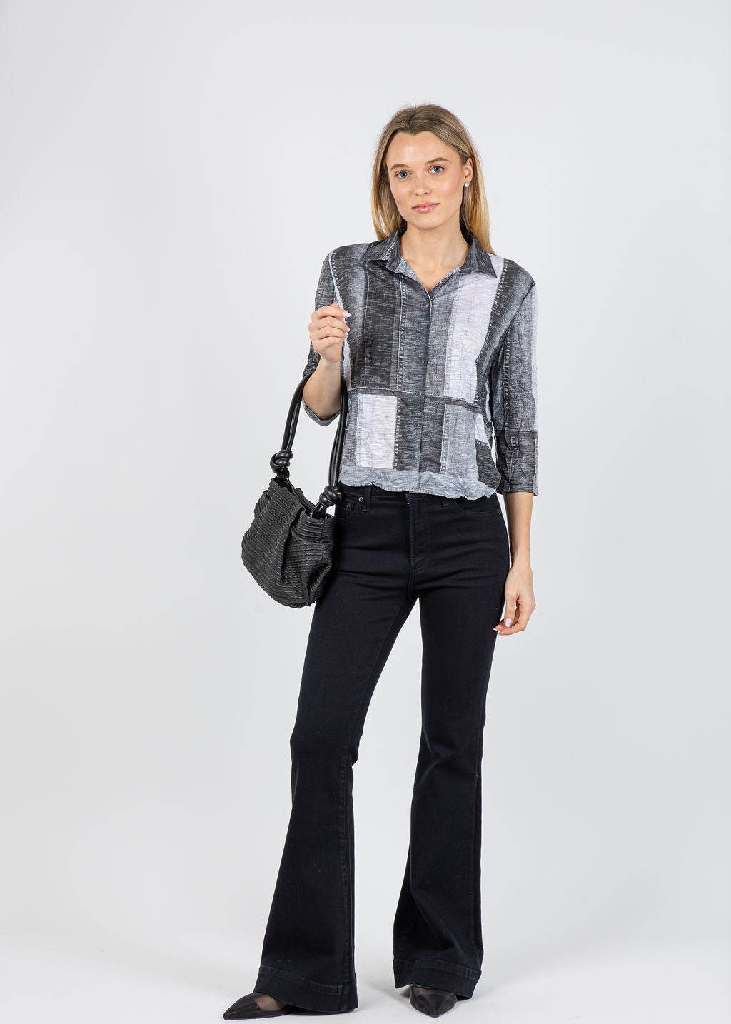 David Cline Stephanie Crop Button Down Shirt in Silver available at Barbara Katz