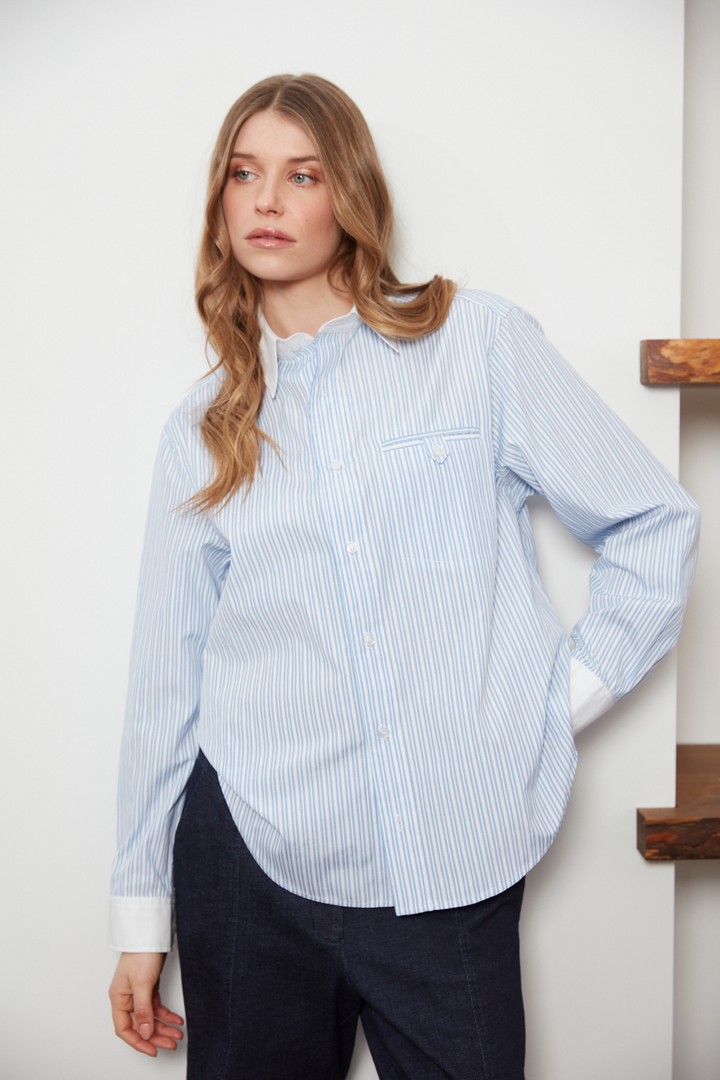 Adroit Atelier Davina Button-Down Shirt With Contrasting Collar &amp; Cuffs in Blue Stripe available at Barbara Katz