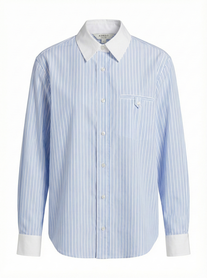 Adroit Atelier Davina Button-Down Shirt With Contrasting Collar &amp; Cuffs in Blue Stripe available at Barbara Katz