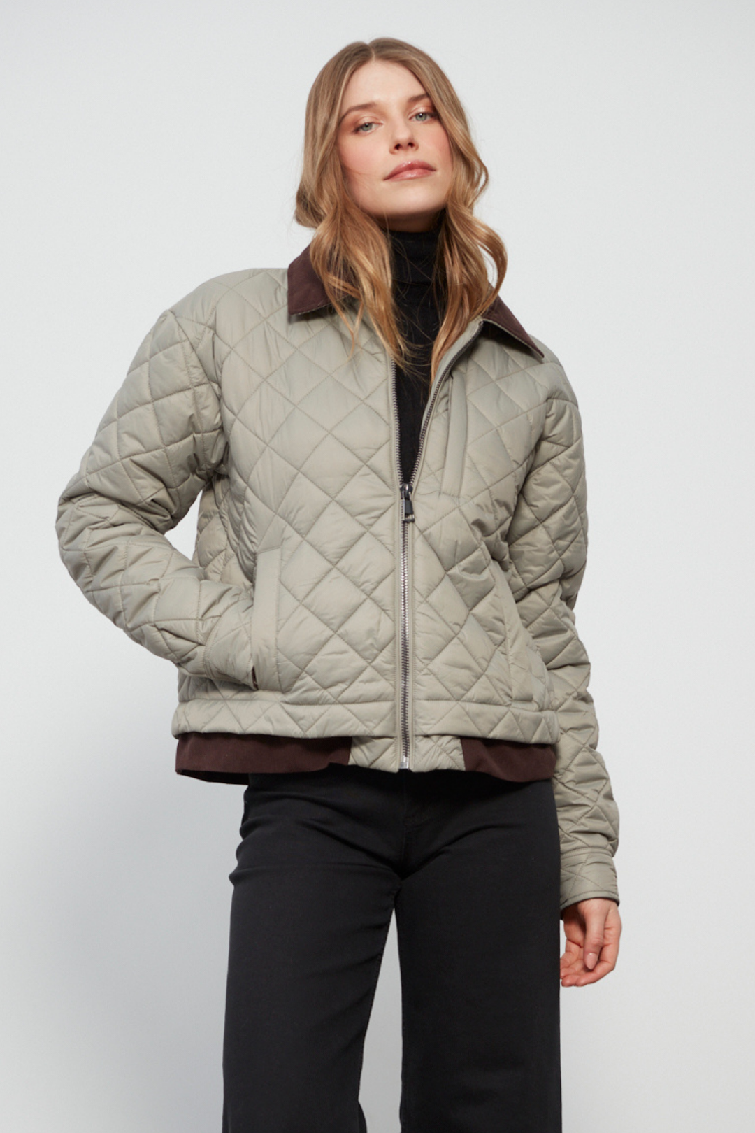 Adroit Atelier Delaney Diamond-Quilted Jacket With Corduroy Details in Celadon available at Barbara Katz