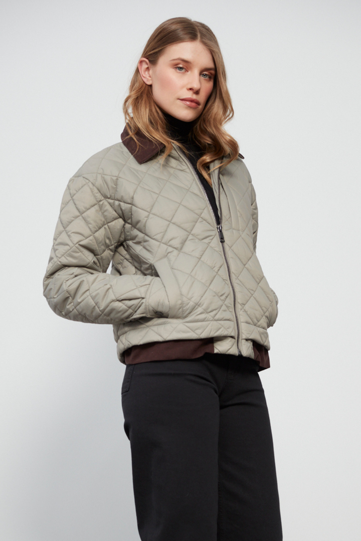 Adroit Atelier Delaney Diamond-Quilted Jacket With Corduroy Details in Celadon available at Barbara Katz