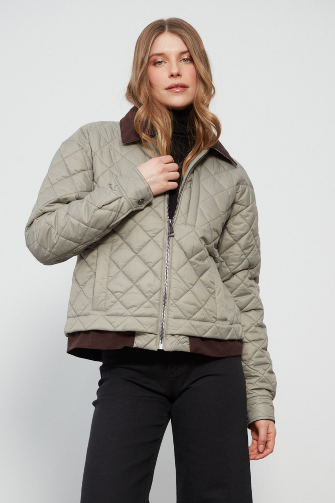 Adroit Atelier Delaney Diamond-Quilted Jacket With Corduroy Details in Celadon available at Barbara Katz