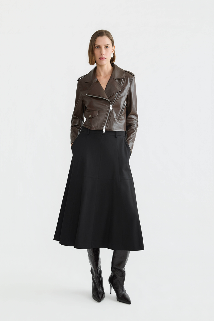Adroit Atelier Delphine Multi-Panel Ponte Flared Skirt in Black available at Barbara Katz