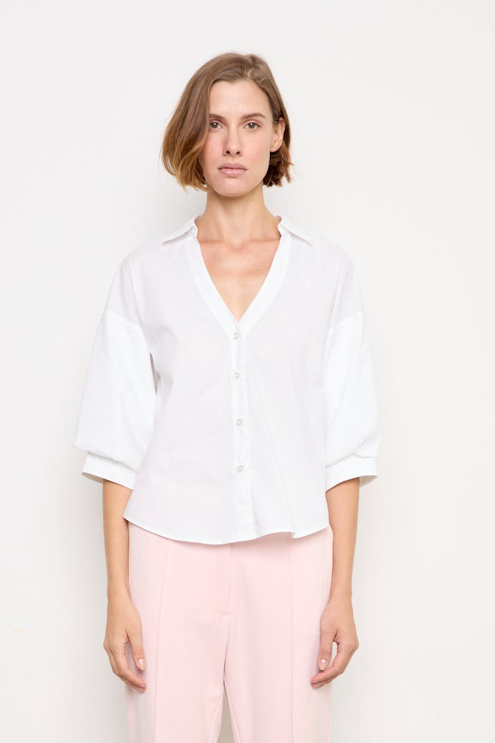 Adroit Atelier Demi Open-Collar Shirt With Balloon Sleeves in White available at Barbara Katz