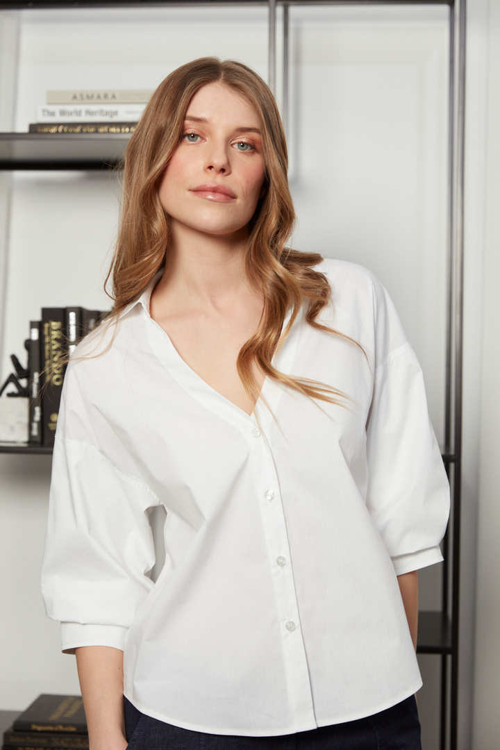 Adroit Atelier Demi Open-Collar Shirt With Balloon Sleeves in White available at Barbara Katz