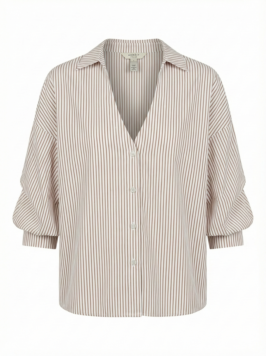 Adroit Atelier Demi Open-Collar Shirt With Balloon Sleeves in White/Tobacco Stripe available at Barbara Katz