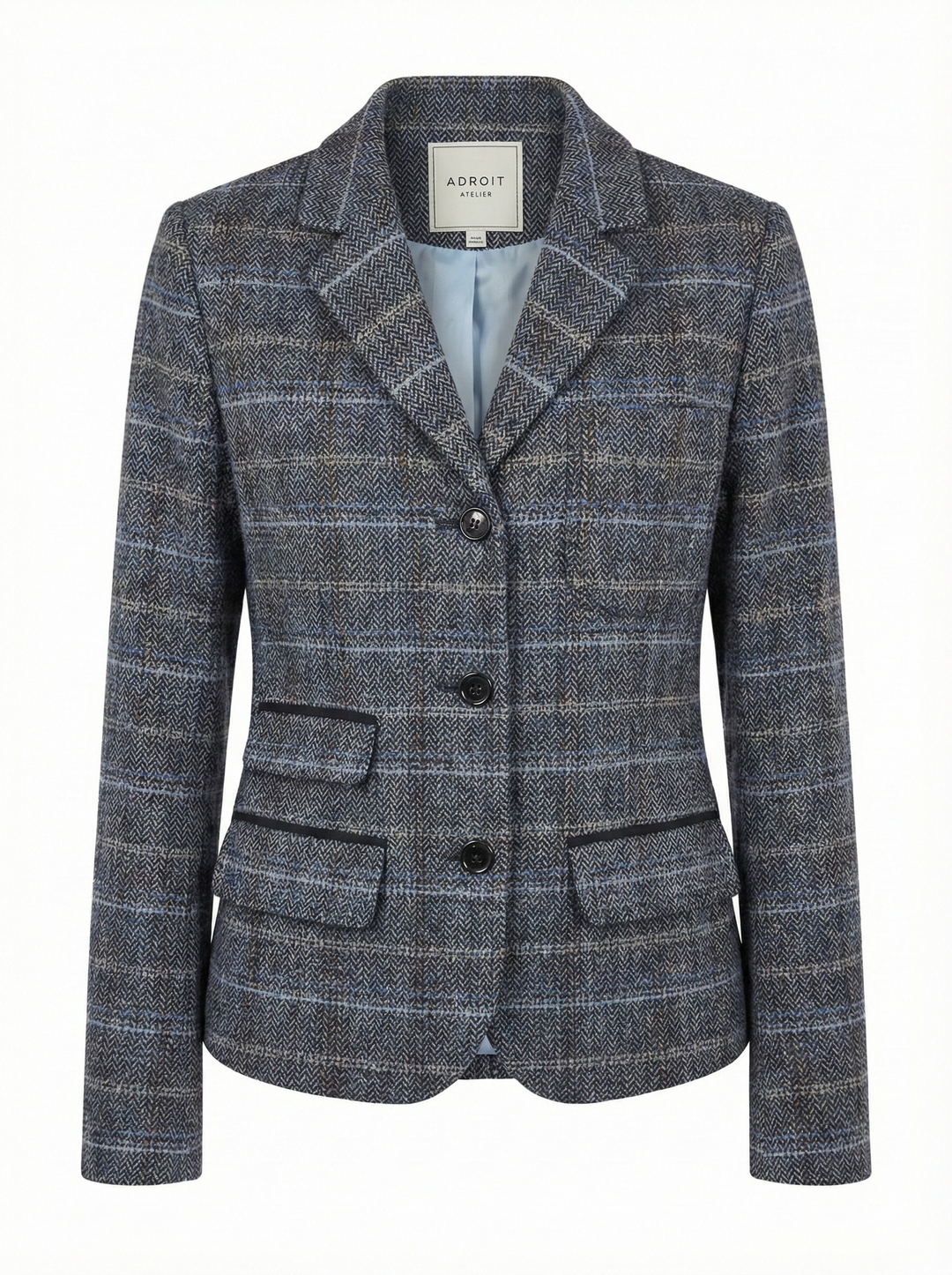 Adroit Atelier Desmond Tweed Single-Breasted Blazer With 3 Button Closure in Blue/Grey available at Barbara Katz