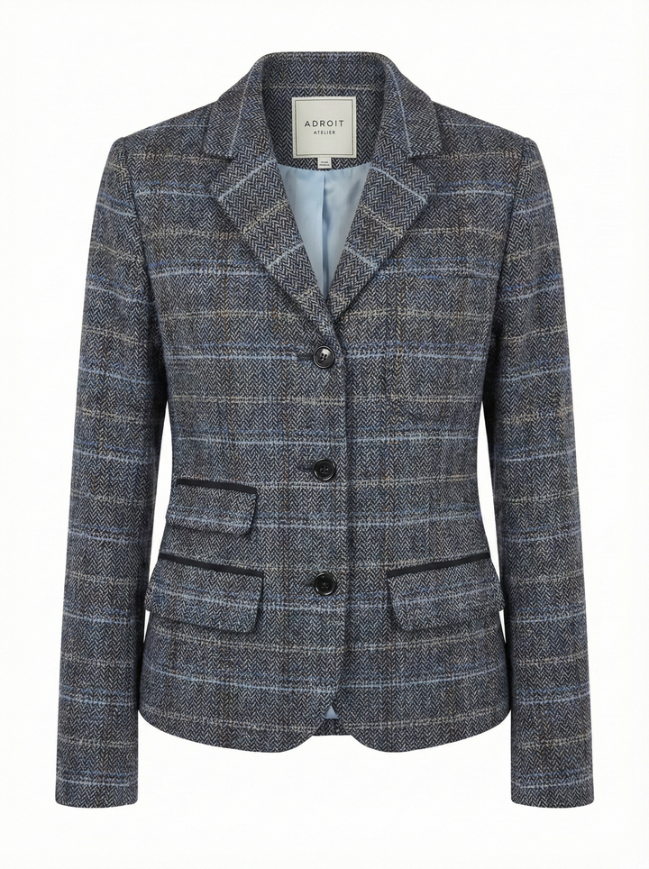 Adroit Atelier Desmond Tweed Single-Breasted Blazer With 3 Button Closure in Blue/Grey available at Barbara Katz