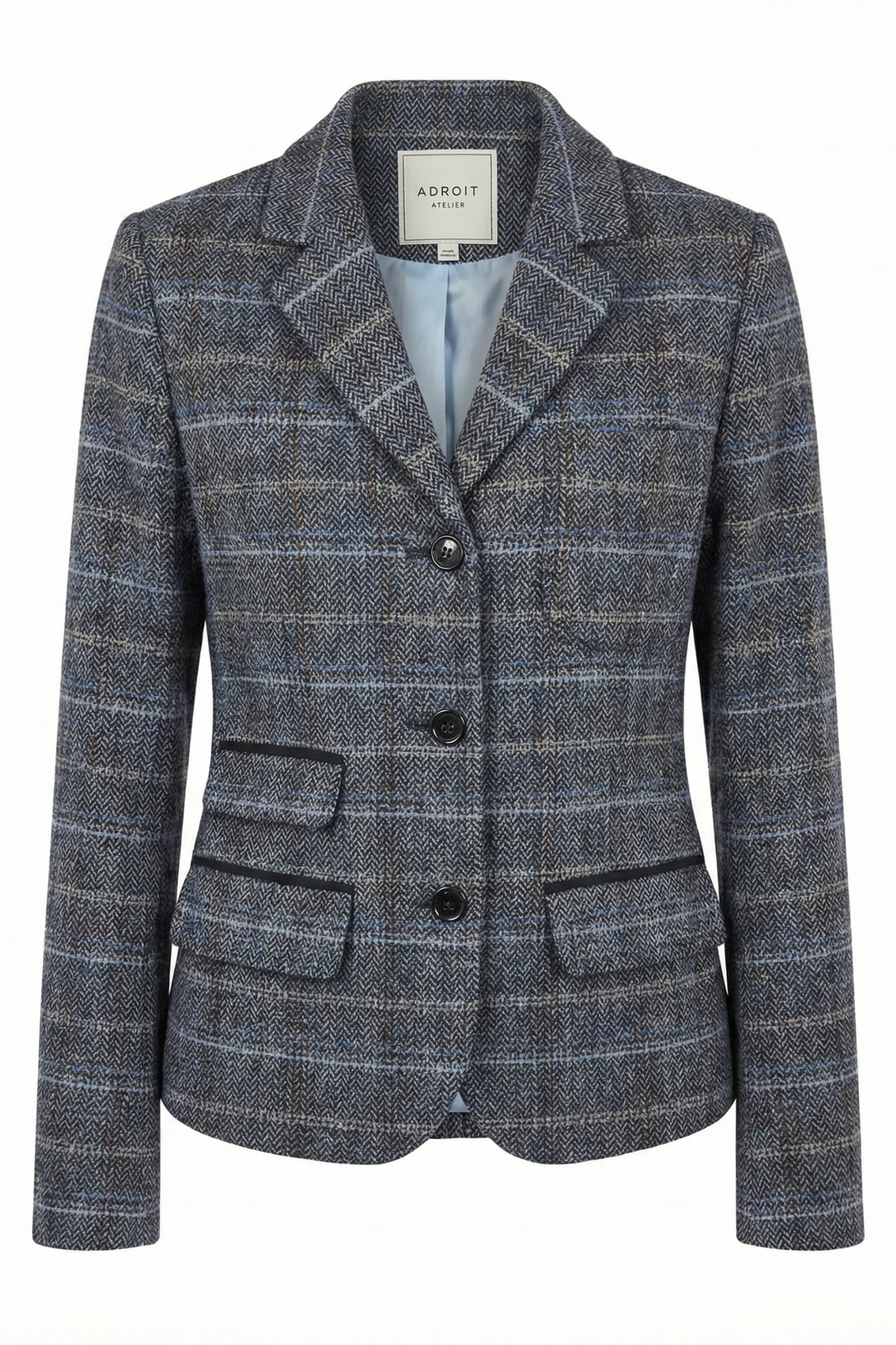 Adroit Atelier Desmond Tweed Single-Breasted Blazer With 3 Button Closure in Blue/Grey available at Barbara Katz