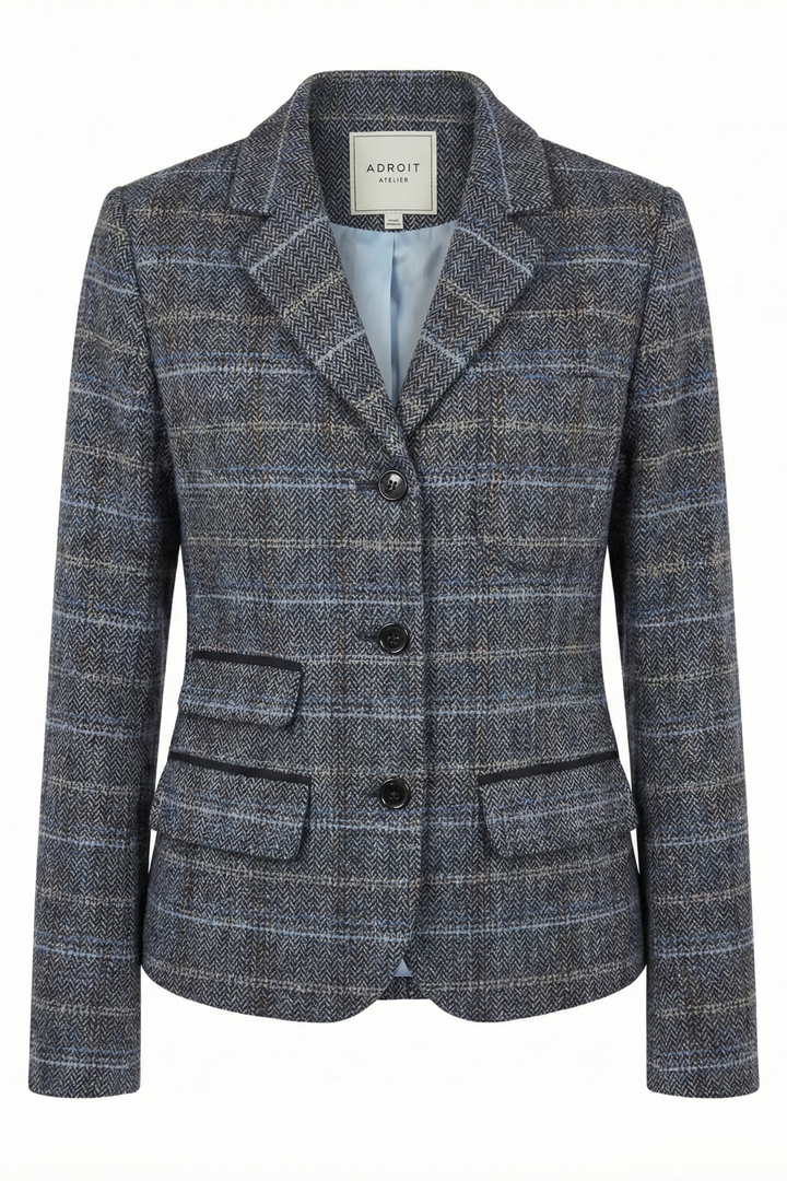 Adroit Atelier Desmond Tweed Single-Breasted Blazer With 3 Button Closure in Blue/Grey available at Barbara Katz
