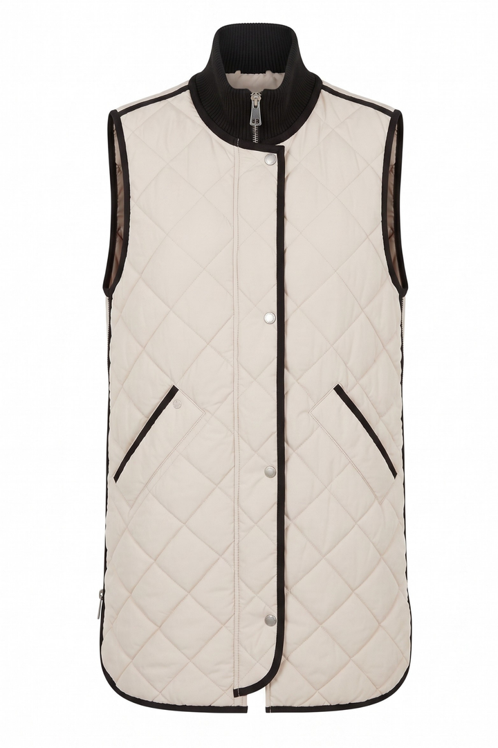 Adroit Atelier Destiny Sleeveless Quilted Vest With Zipper Detail in Birch available at Barbara Katz