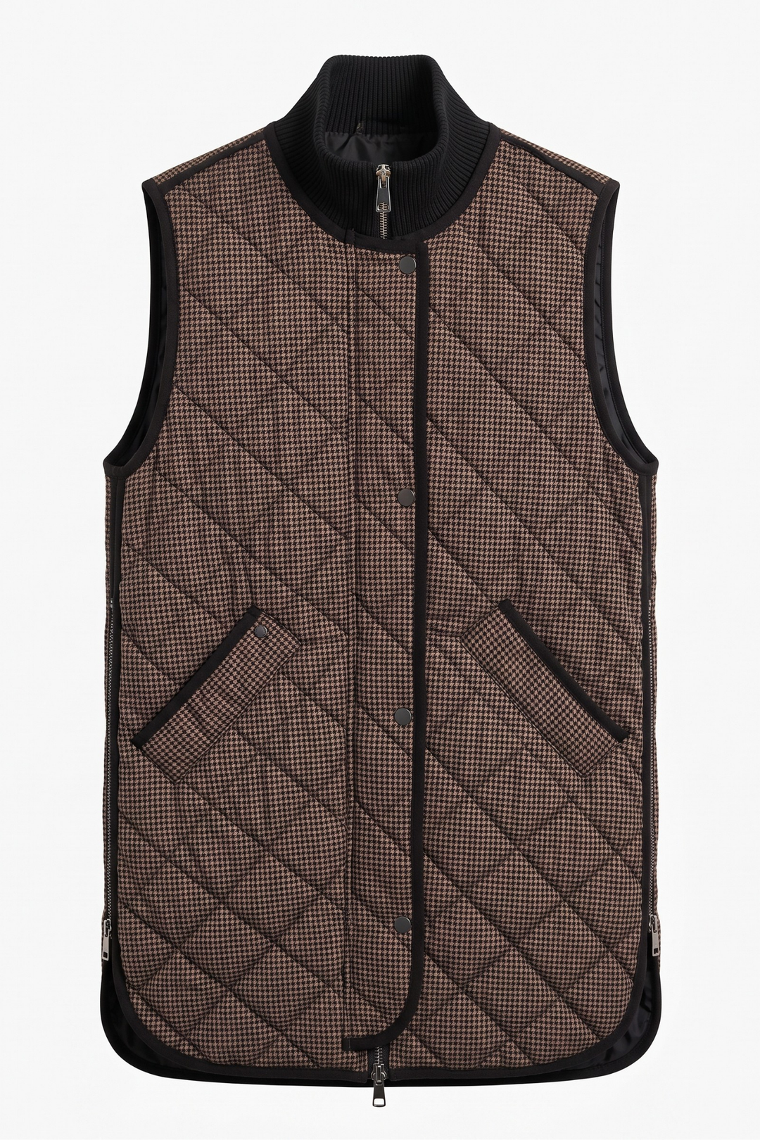 Adroit Atelier Destiny Sleeveless Quilted Vest With Zipper Detail in Camel Black available at Barbara Katz