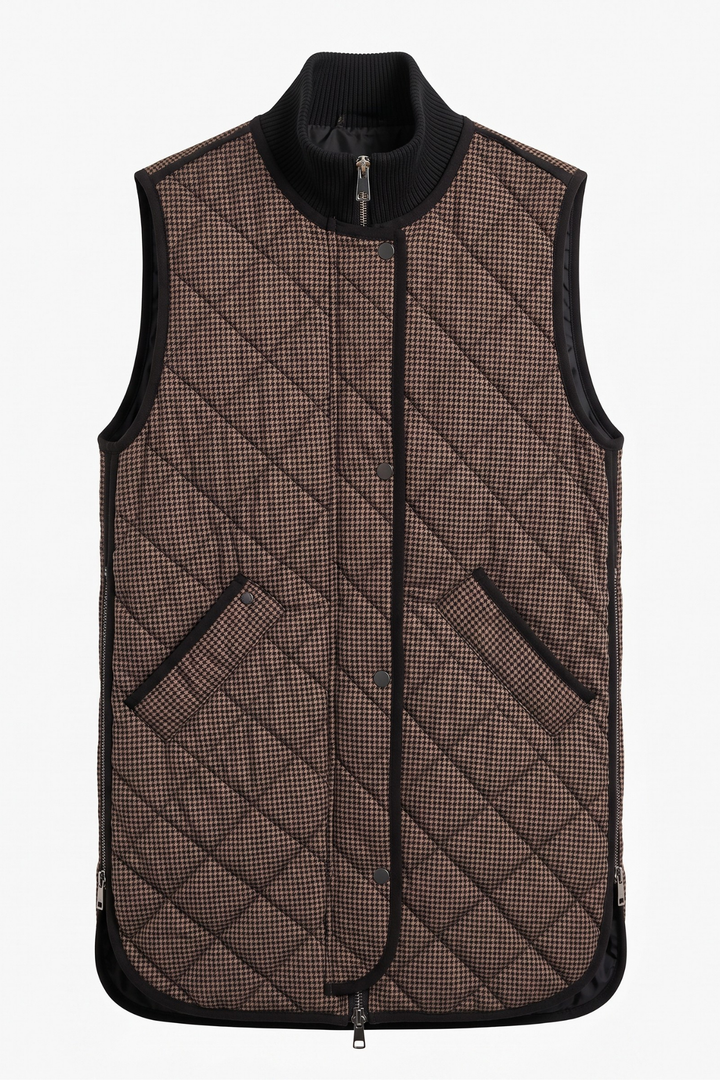 Adroit Atelier Destiny Sleeveless Quilted Vest With Zipper Detail in Camel Black available at Barbara Katz