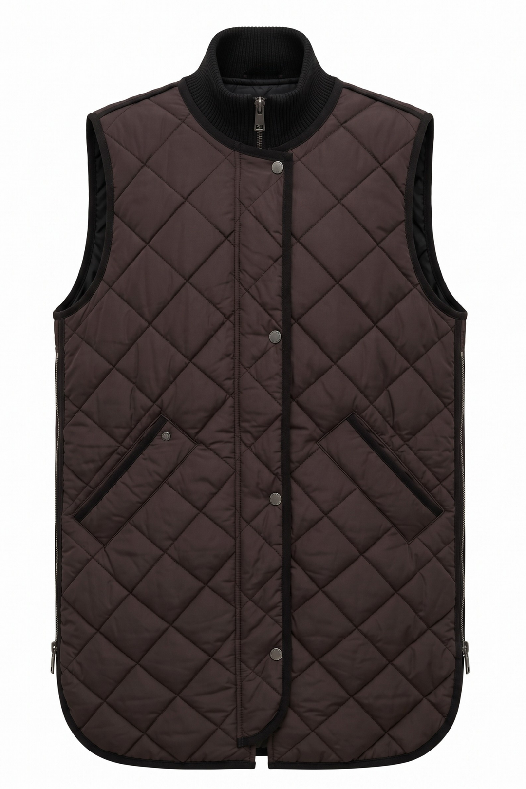 Adroit Atelier Destiny Sleeveless Quilted Vest With Zipper Detail in Chocolate Torte available at Barbara Katz