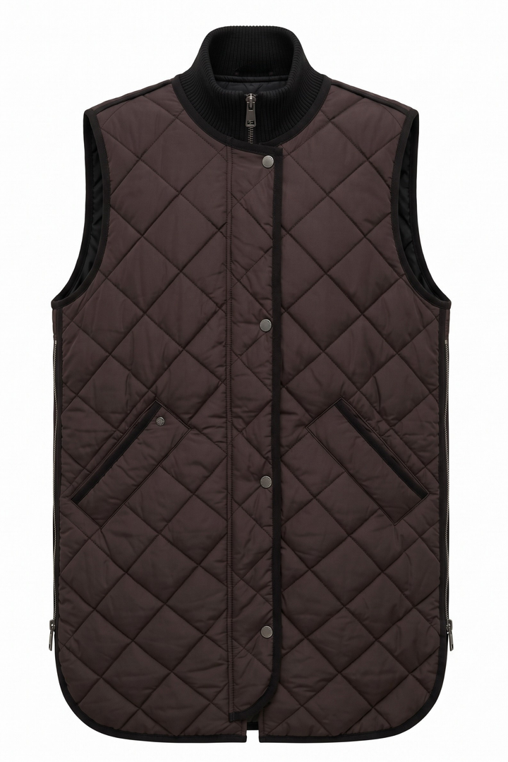 Adroit Atelier Destiny Sleeveless Quilted Vest With Zipper Detail in Chocolate Torte available at Barbara Katz