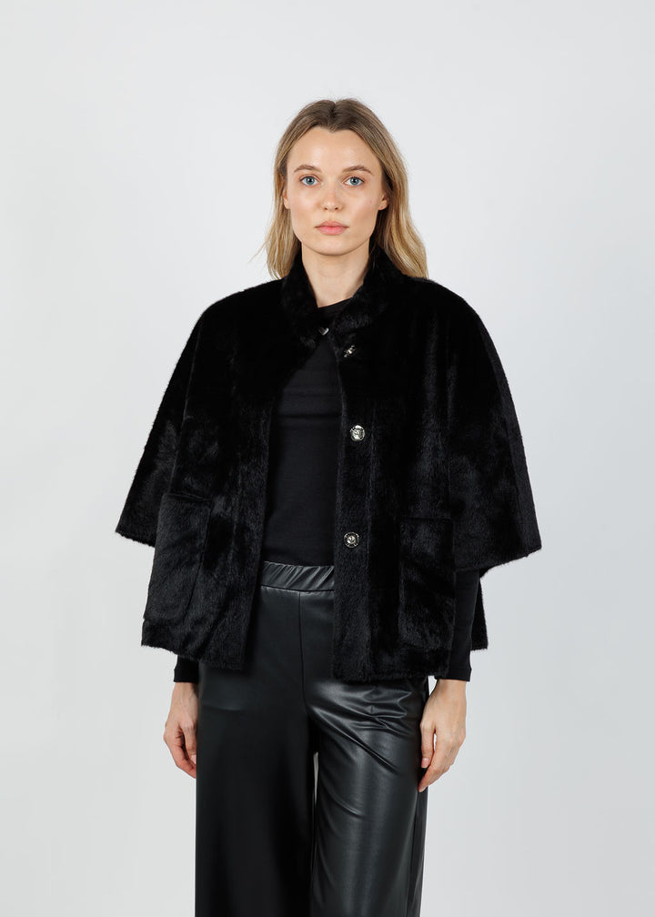 BK Dewi Faux Fur Cape in Black available at Barbara Katz
