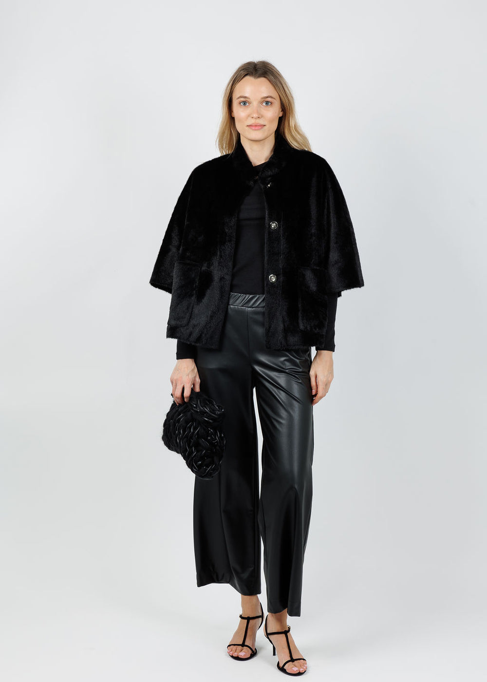 BK Dewi Faux Fur Cape in Black available at Barbara Katz