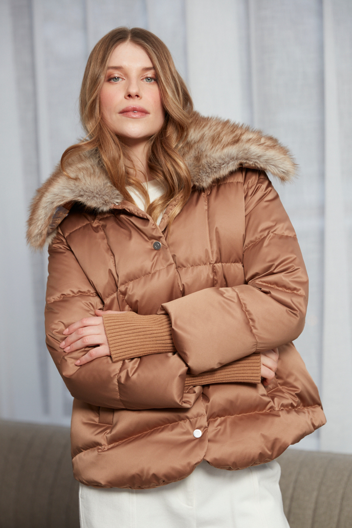 Adroit Atelier Dillon Cocoon-Shaped Down Coat With Detachable Faux Fur Collar in Bronze available at Barbara Katz