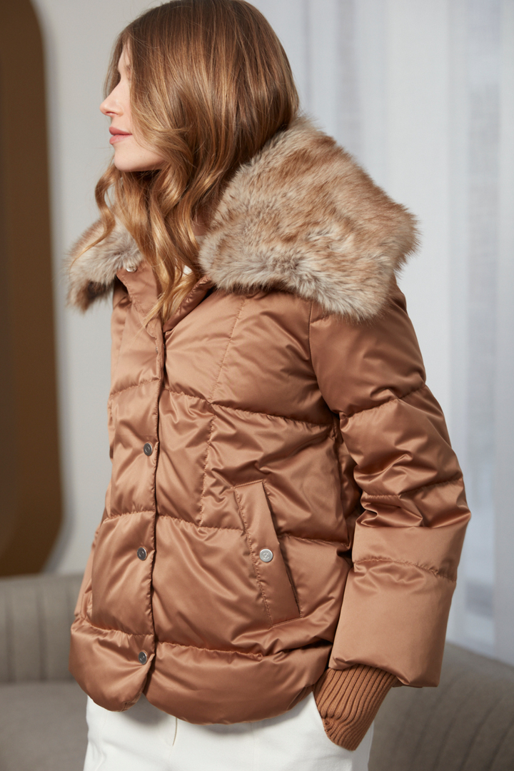 Adroit Atelier Dillon Cocoon-Shaped Down Coat With Detachable Faux Fur Collar in Bronze available at Barbara Katz