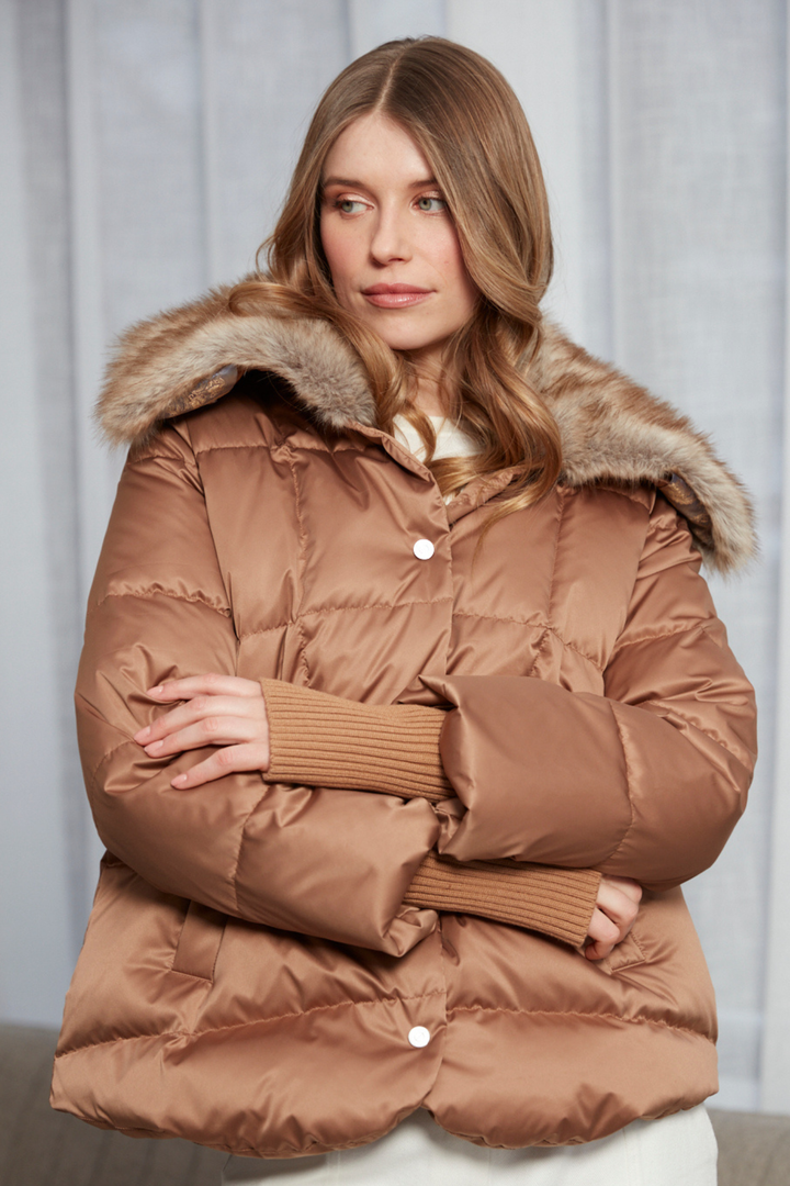Adroit Atelier Dillon Cocoon-Shaped Down Coat With Detachable Faux Fur Collar in Bronze available at Barbara Katz