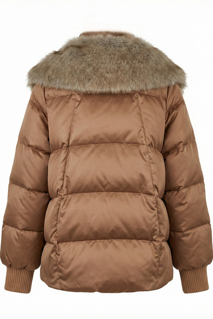 Adroit Atelier Dillon Cocoon-Shaped Down Coat With Detachable Faux Fur Collar in Bronze available at Barbara Katz