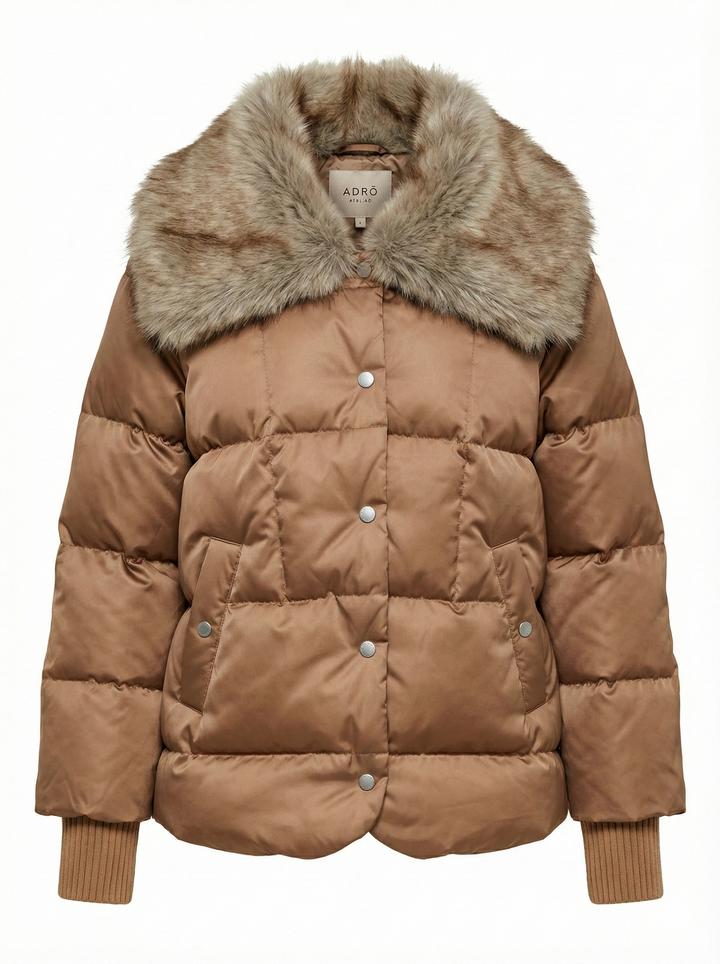 Adroit Atelier Dillon Cocoon-Shaped Down Coat With Detachable Faux Fur Collar in Bronze available at Barbara Katz